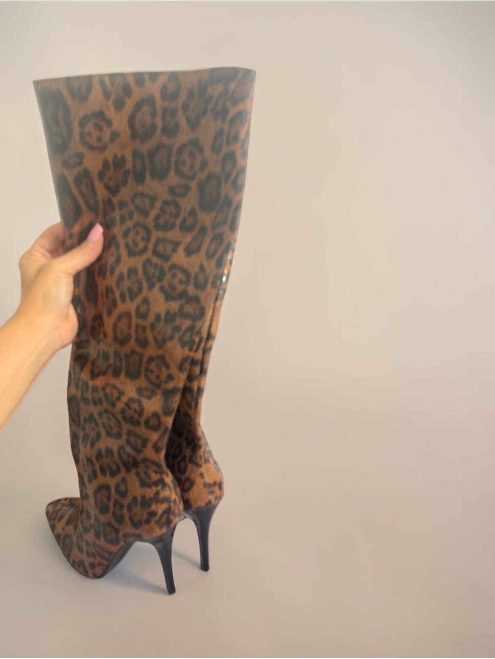 Leopard Print Over-the-Knee Stiletto Boots - Brown/Black
